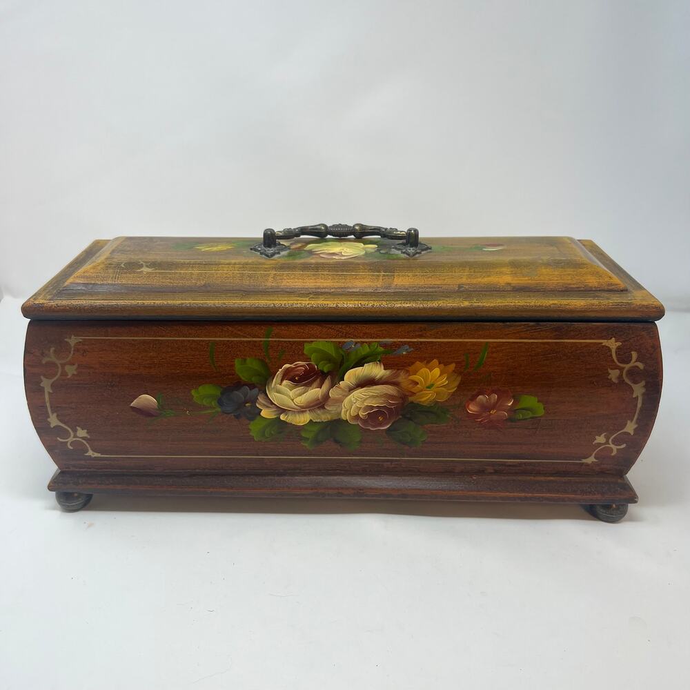 Vintage Footed Hand Painted Rose wood Memory Box and Lid